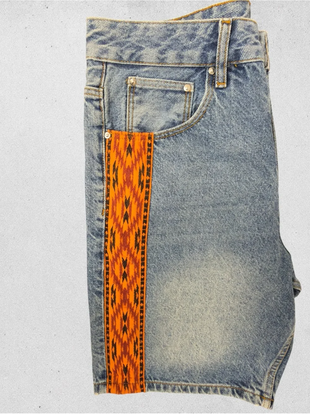ASOS Denim Long Baggy Shorts Orange Embroidered Trim Y2K Waist 30